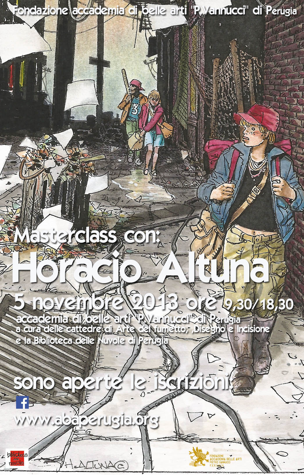 manifesto della masterclass organizzata dall'Accademia di Belle Arti di Perugia e dalla Biblioteca delle Nuvole